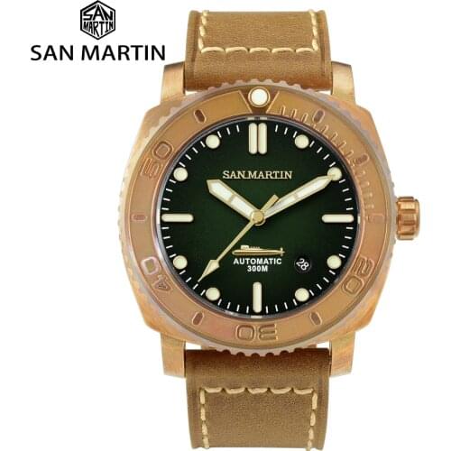 San Martin Diver Retro CuSn8 Bronze Luxury Automatic Mechanical Men Watch Sapphire 30Bar Waterproof Cowhide Strap BGW9 Luminous