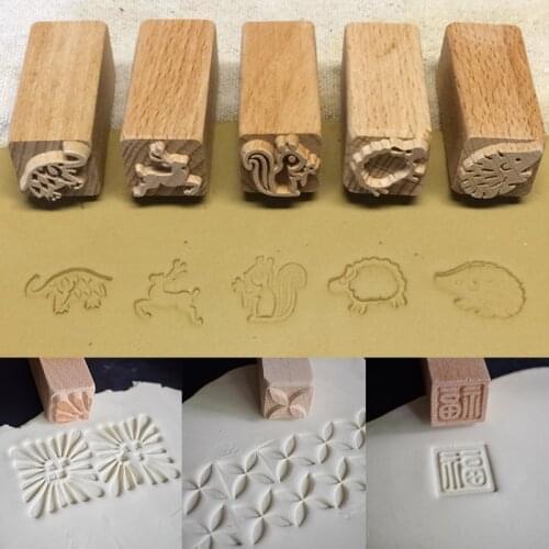 Hand Carved Wooden Stamps Seal For Printing DIY Clay Pottery Printing Blocks Clay Tool Embossed Sculpture Polymer