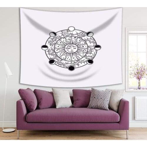 Tapestry Moon Sun Stars Cloudy Night Sky and Lunar Phases Oriental Mystic Artwork Printed Black White