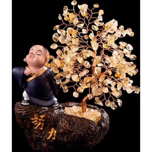 Crystal Fortune Tree Little Monk Money tree Pure Handmade craft gifts office home furnishings Feng shui Retro decor home
