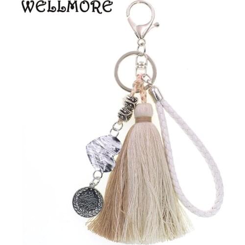 WELLMORE 4 colors bohemia leather Key Chains handmade heart with long tassel alloy Key Chain Girl Bag Keychain fashion jewelry