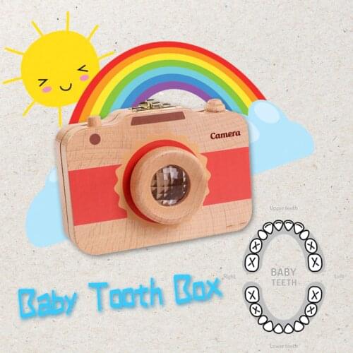 Hot Selling Children Camera Shape Tooth Wood Box Organizer Baby Save Milk Teeth Storage Case
