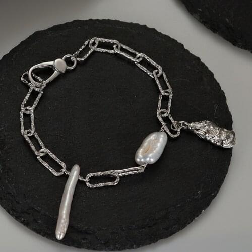 MLKENLY High Quality 925 Silver Chain Fine Bracelet Fit Irregular chain Baroque pearl Charm Bracelet for Women Jewelry