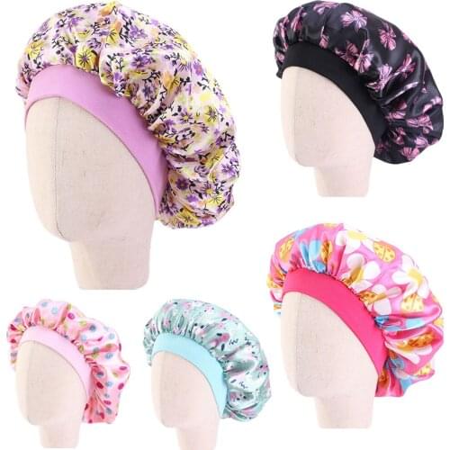 New Kids Children Faux Silky Bonnet Cap Satin Flower Printed Turban Chemo Hat Girls Wide Elastic Band Pattern Night Sleep Cap
