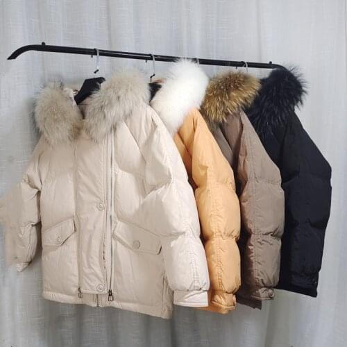 2021 Huge Real Racoon Fur Collar Winter Women Short Down Parka Female Hooded Thick Warm Puffer Jacket Ladies Casual Snow Coat