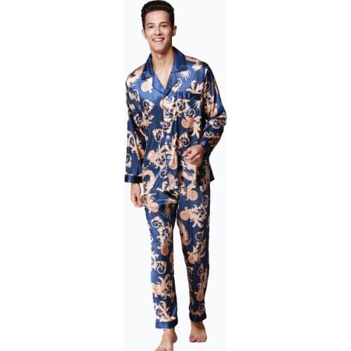 2PCS Mens Silk Satin Long Sleeve Dragon Pajamas Pyjamas Set Sleepwear Set Male Silky Loungewear L XL XXL Fits All Seasons