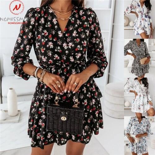 Women Flower Print A-Line Dress for Streetwear Patchwork Design V-Neck Long Sleeve Elastic Mid Waist Spring Autumn Slim Dress