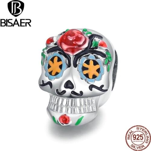 BISAER Halloween Skull Charms 925 Sterling Silver Colorful Halloween Beads Pendant for Original Bracelets Necklaces Jewelry