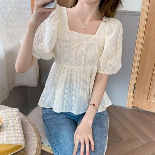 QOERLIN Summer Blouse Women Square Collar Puff Sleeve Big Hem High Waist Tops Shirts Female Plus Size Loose Casual Shirts S-2XL