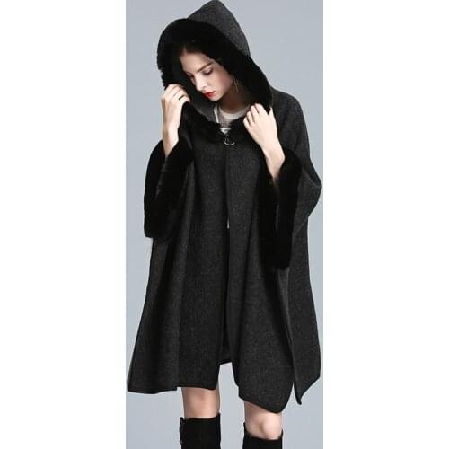 Luxury New Occident Rabbit Fur Hooded Cape Cloak Overcoat Poncho Shawl Pashmina Women Autumn Winter Loose Fur Coat