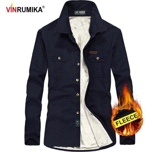 Large Size M-6XL 2020 Mens Winter Thick Fleece Warm 100% Cotton Army Green Casual Long Sleeve Shirt Man Black blue Shirts Tops