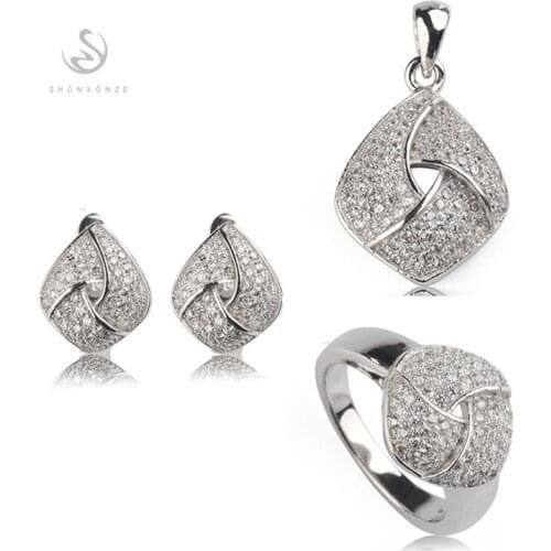 SHUNXUNZE luxury wedding jewelry sets for women accessories (ring/earring/pendant) White Cubic Zirconia Rhodium Plated R3252set