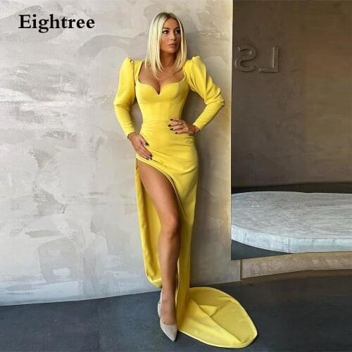 Eightree Yelllow Long Mermaid Side Slit Evening Party Dresses Sweetheart Long Sleeves Floor Length Formal Prom Gowns Dress
