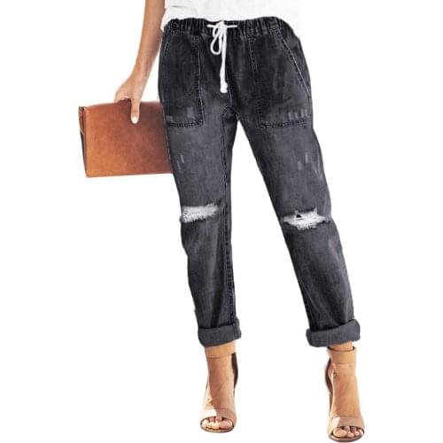 Vintage Women Jeans Distressed Ripped Denim Drawstring Elastic Waist Jeans Long Pants Womens Clothing 2021