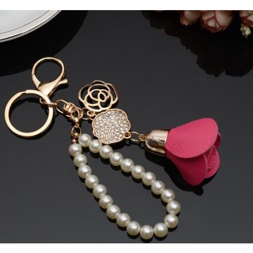Wukaka Camellia Pearl keychain Leather Flower Crystal Bag Pendant car key ring handbag bag hanging wholesale Luxury Brand