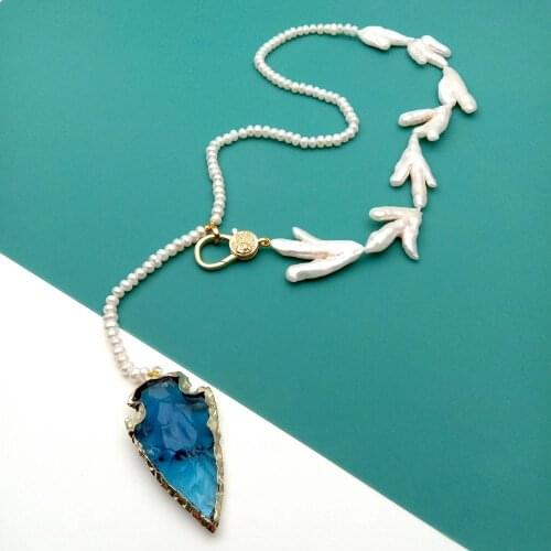 Y·YING Cultured Freshwater Paw Shape Pearl Necklace Blue Quartz Arrowhead Pendant 21"