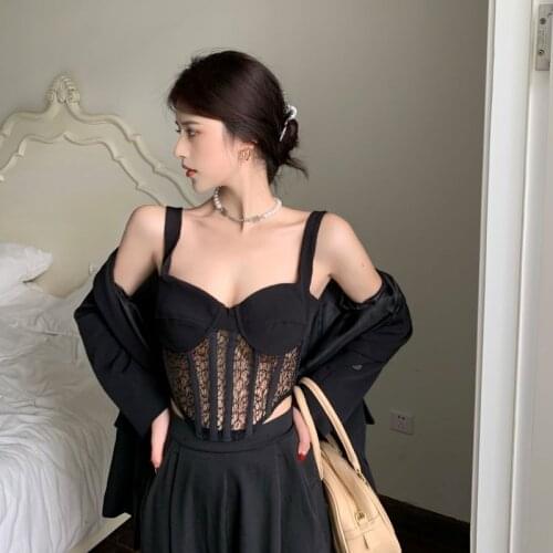 European Summer Heavy Industry Design Sense Niche Sexy Fish Bone Hollow Lace Camisole Tops Women Fashion Streetwear 2021