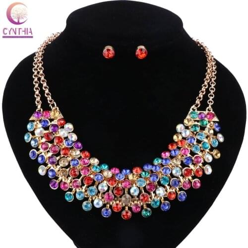 Women 5 colors boho crystal jewelry sets fashion 2017 with earrings statement necklace for party wedding Trendy necklace