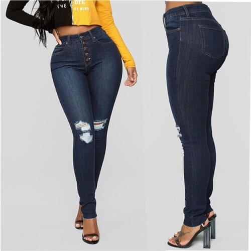 Women Ripped Pencil Pants Casual Solid Button Hole Slimming Skinny Jeans Fashion Single Breasted High Waist Full Length Trousers