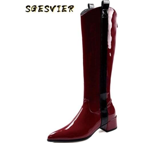 SGESVIER 2020 new arrival knee high boots women patent leather autumn Knight boots pointed toe med heels punk shoes ladies