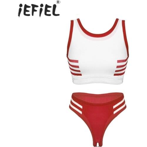 Womens Japanese Schoolgirl Cosplay Costume Student Uniform Sport Lingerie Set Vest Erotic Crop Top with Crotchless Underwear