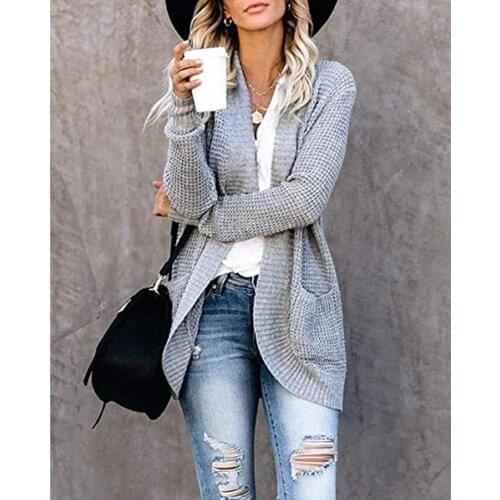 Womens Solid Color Simple Style Casual Cardigan Long-sleeved Autumn Winter Knitted Sweater Korean Fashion Loose Sweater