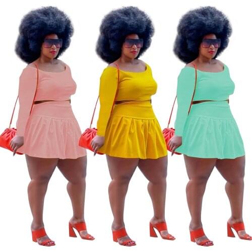 Plus Size Women 2 piece set Clothing Summer Outfits Long Sleeve Crop Tops and Pleated Skirt Tracksuit Sweet Suits Dropshipping