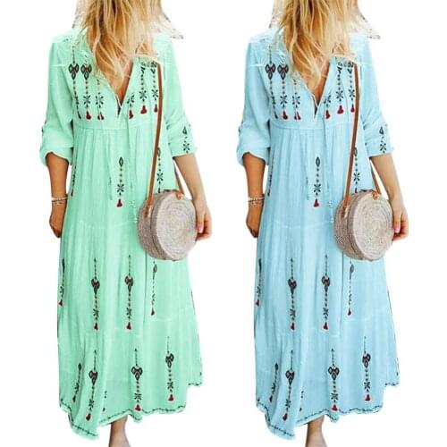 2021 Hot Sales!!Summer Beach Bohemian Women Drawstring V Neck Long Sleeve Loose Maxi Dress