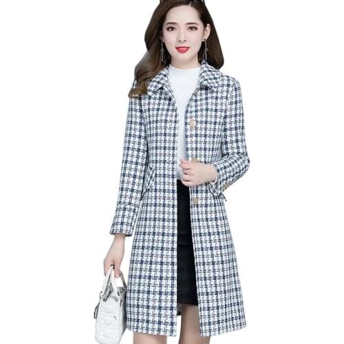 Plaid Woolen Coat Women New Autumn Winter Jackets Slim Large Size Single-breasted Mid Long Outerwear Female Wool Jacket Coats