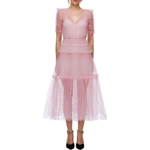 New Fashion Luxury Runway Designer Summer Dress Women Sexy V-Neck Short Sleeve Elegant Vintage Dot Mesh Ruffle Dress