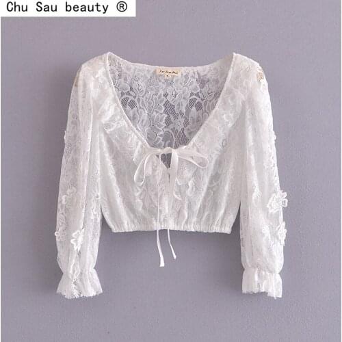 2021 Summer New White Romantic Sexy V-Neck Lace Ruffled Neckline Embroidered Puff Sleeve Short Lace Blouse Top Women