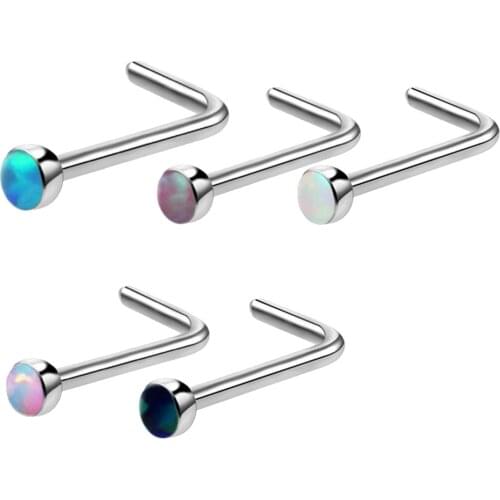 5 Pieces/Pack Fancy Colored Opal Stone Titanium Steel L Shape Bend Nose Tongue Stud Bar Piercing Jewelry 20 Gauge