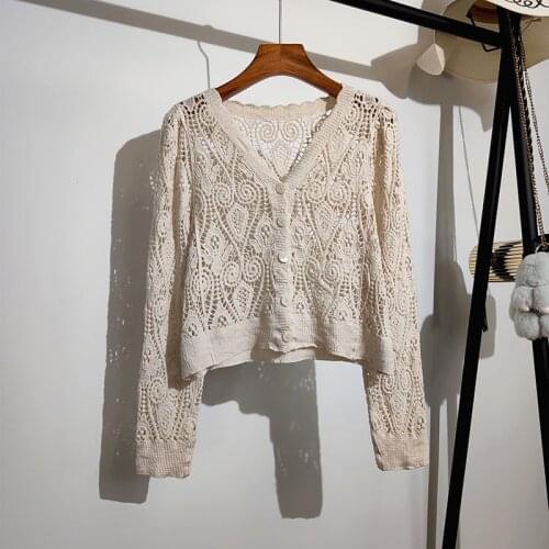 Hollow Out Knitted Women Sweater Cardigan Summer Vintage 2021 V-Neck Long-Seeved Short Empired Female Outwear Coats Tops