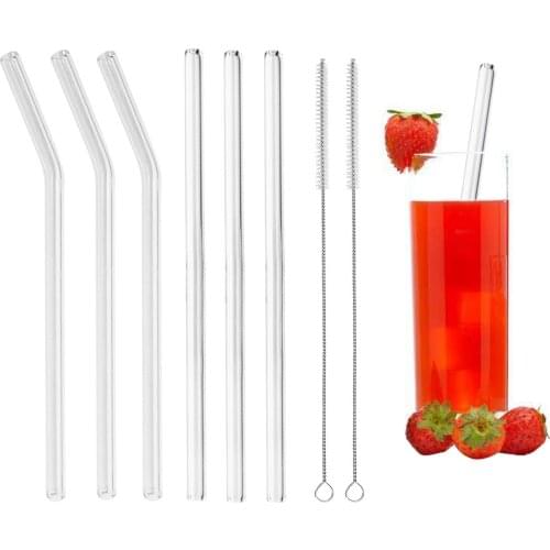 Behogar 3pcs Reusable Clear Straight Drinking Glass Straws 3pcs Bent Straws 2pcs Cleaning Brush for bar Cold Cocktail Coffee