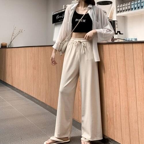 Lace-up Pants Women Elastic Waist Summer Wide Leg Straight Trouser 2020 Female Ankle-length Pants Solid Ice High Waist Pants