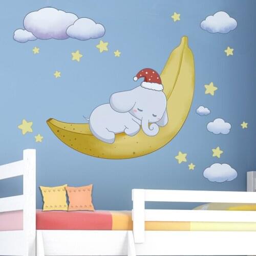 Cartoon Elephant Wall Sticker Sleeping on The Banana Moon Stars Stickes for Kids Room Baby Room Decoration Decals Home Interior