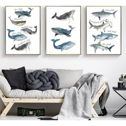 Baby Posters Whale&Shark Painting Watercolor Blue Nursery Prints Species Learn Wall Art Canvas Painting Pictures Room Decor
