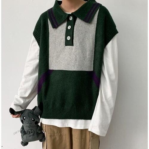 Loose Sweater Vest Men Sweter Clothes M-2Xl Sweater Vest Mens Fashion Contrast Color Casual Lapel Knit Pullover Mens Streetwear