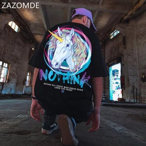 ZAZOMDE Summer Unicorn T-Shirt Male Funny Harajuku Tshirt Streetwear Men Fashion Japan Hip Hop Loose Half Sleeve Gothic T shirts