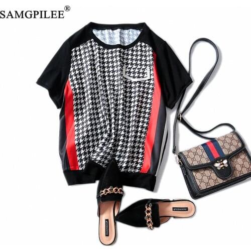 Women T-shirt 2020 Plus Size Womens Tshirts Office Lady Tops For Womens Chiffon Short Sleeve Plaid O-neck Tshirt Oversize 4XL