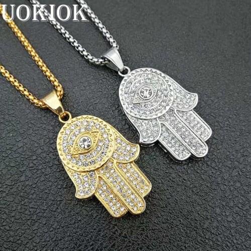 Hip Hop Iced Out Hamsa Hand of Fatima Pendant & Chain For Women/Men Gold Color Stainless Steel Evil Eye Necklace Turkish Jewelry