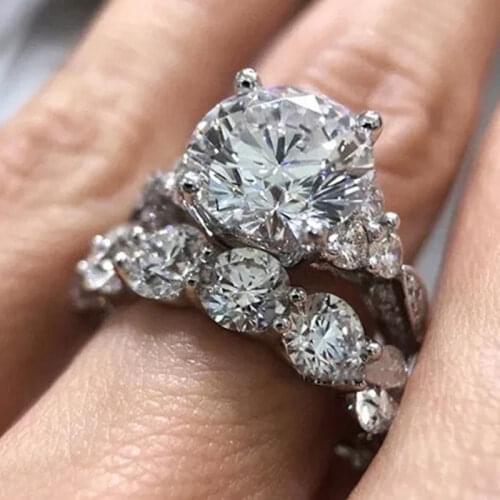 Fashion Crystal Engagement Ring for Women AAA White Cubic Zirconia Silver Color Double Ring 2021 Wedding Trend Female Jewerly