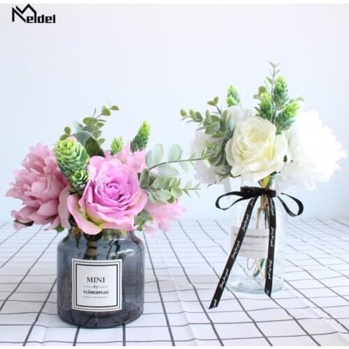 Autumn Silk Small Rose Peonies Artificial Flower for Wedding DIY Decoration Craft Green Eucylaptus Fake Flowers Home Table Decor