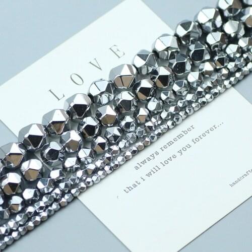 Plating Silver Hematite Beads Natural Stone Spacer Beads Faceted Round Loose bead for Jewelry Bracelet Pendant Making DIY 3-10mm