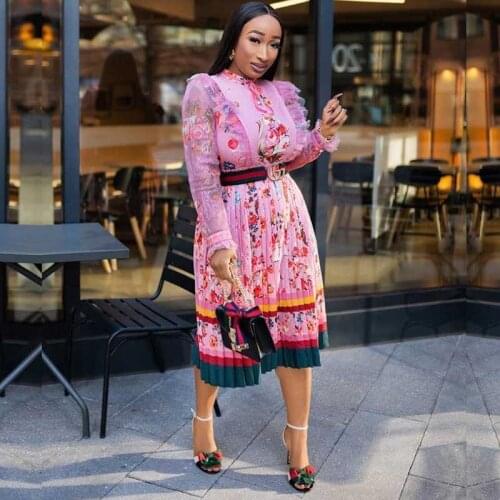 Vintage Floral Print Pink Dress Women New African Lace Pleated Knee Length Dress Elegant Office Lady African Dresses For Women