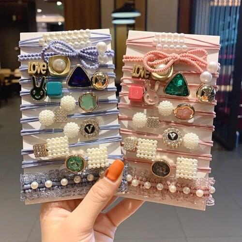 11pcs/Set Women Elegant Ball Cube Pearl Elastic Hair Bands Scrunchies Tie Gum Ropes Sweet Rubber Bands Fashion Hair Accessories