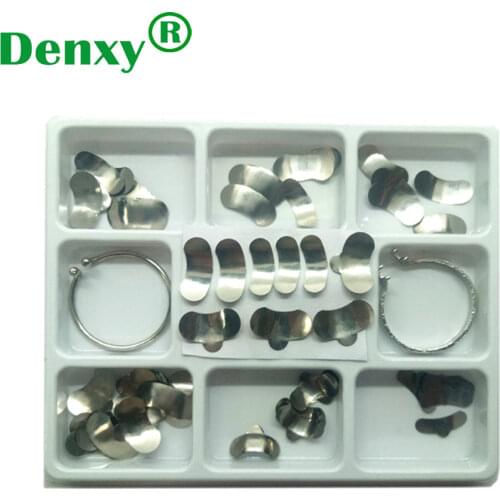 Denxy Brand Dental Sectional Contoured Matrices Ring Delta Wedges Kit 1box Russia Stainless Matrix Band Kit with 2 rings 102pcs