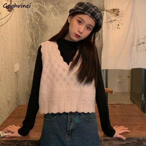 Sweater Vests Womens Solid V-Neck Students Preppy Style Crop Tops Wave Edge Lovely All-match Korean Casual Hollow Out Trendy New