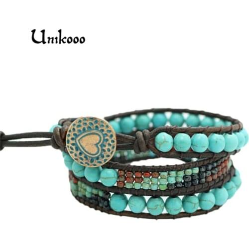 Vintage Leather Bracelets New Blue 3 Strands Wrap Bracelets Handmade Woven Boho Bead Bracelet Dropshipping