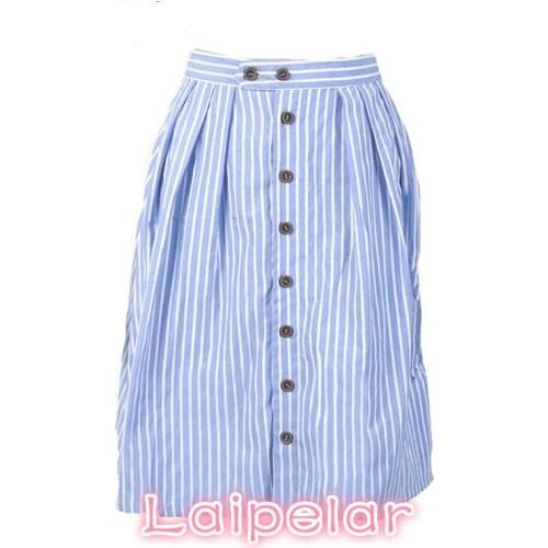 Korean fashion button blue white striped skirts womens cotton loose midi skirt Summer office casual high waist faldas mujer